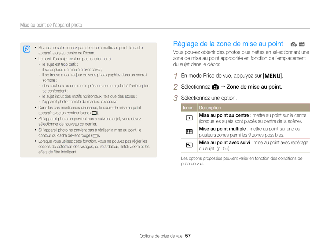 Samsung EC-ST77ZZBPRE1, EC-ST77ZZFPLFR, EC-ST77ZZBPWE1, EC-ST76ZZBPBE1 manual Réglage de la zone de mise au point p s 