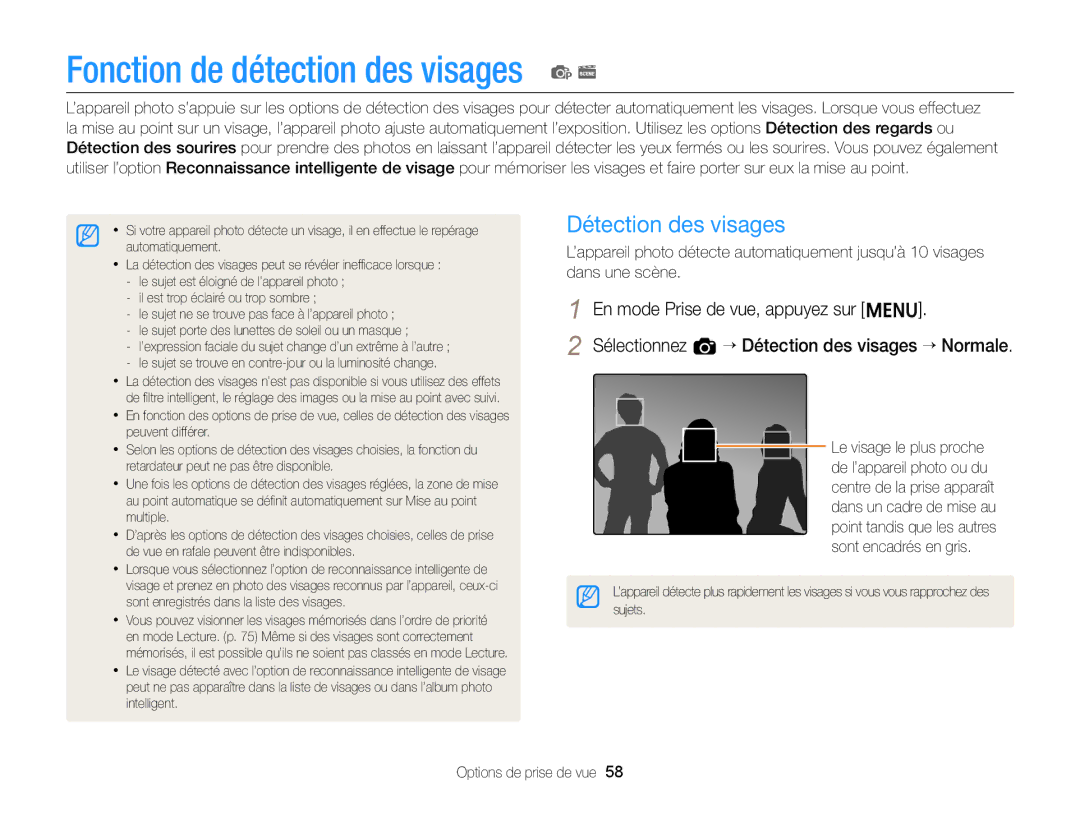 Samsung EC-ST76ZZBPBE1, EC-ST77ZZFPLFR, EC-ST77ZZBPWE1 manual Fonction de détection des visages, Détection des visages 