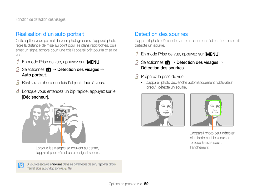 Samsung EC-ST77ZZFPBFR manual Réalisation d’un auto portrait, Détection des sourires, Fonction de détection des visages 