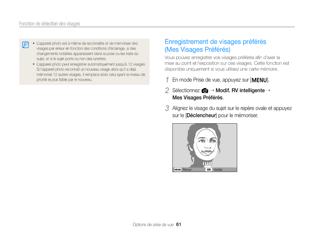 Samsung EC-ST77ZZFPWFR, EC-ST77ZZFPLFR, EC-ST77ZZBPWE1 manual Enregistrement de visages préférés Mes Visages Préférés 