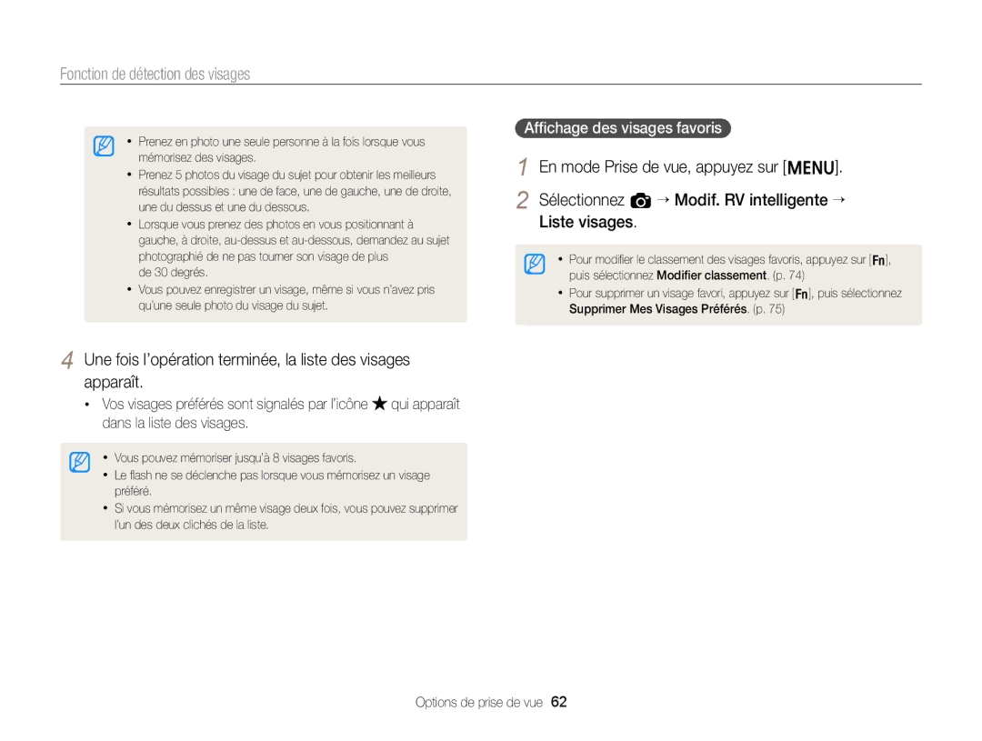 Samsung EC-ST77ZZBPSE1 manual Une fois l’opération terminée, la liste des visages apparaît, Afﬁchage des visages favoris 