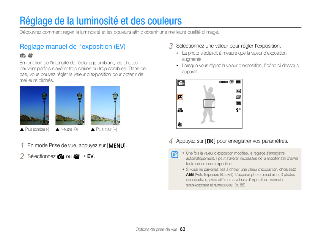 Samsung EC-ST76ZZFPRFR, EC-ST77ZZFPLFR manual Réglage de la luminosité et des couleurs, Réglage manuel de l’exposition EV 