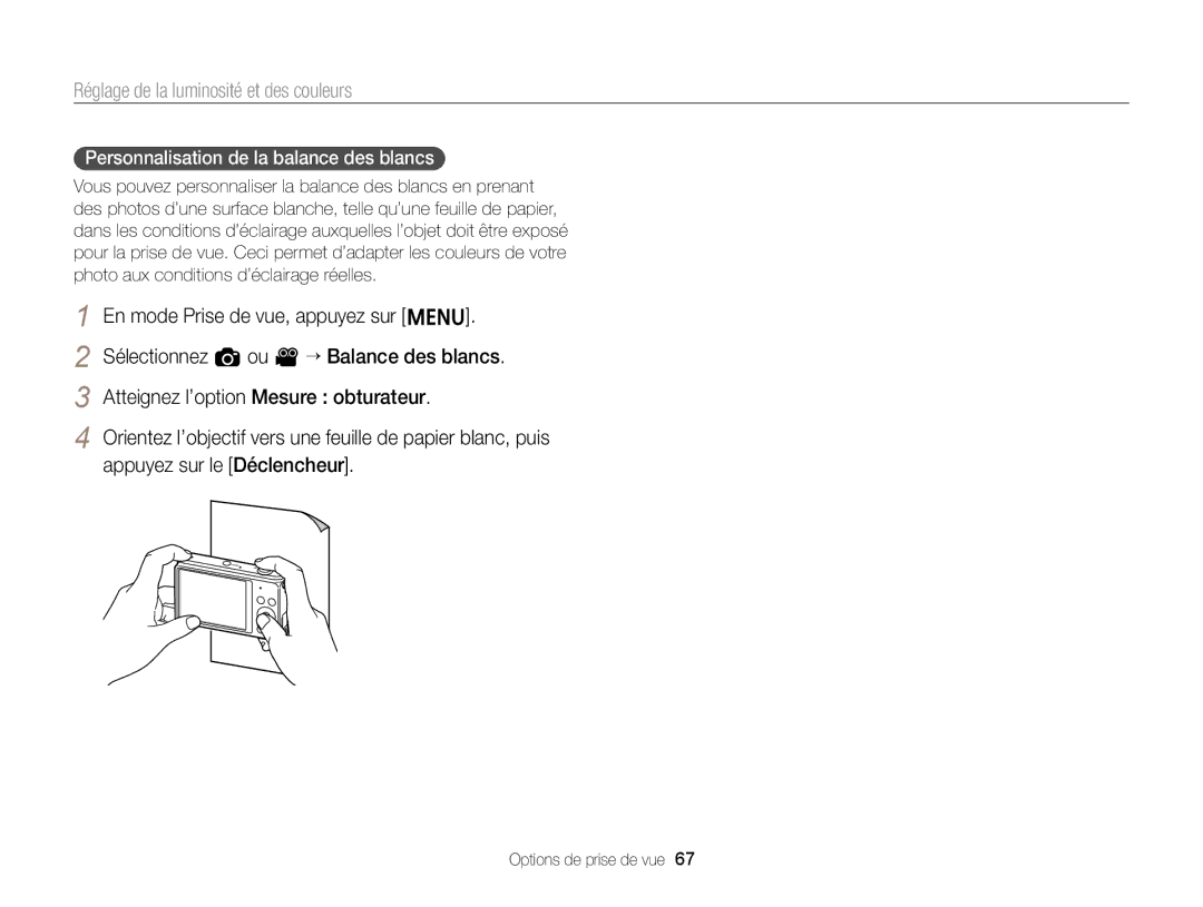 Samsung EC-ST76ZZFPBFR, EC-ST77ZZFPLFR, EC-ST77ZZBPWE1, EC-ST77ZZBPRE1 manual Personnalisation de la balance des blancs 