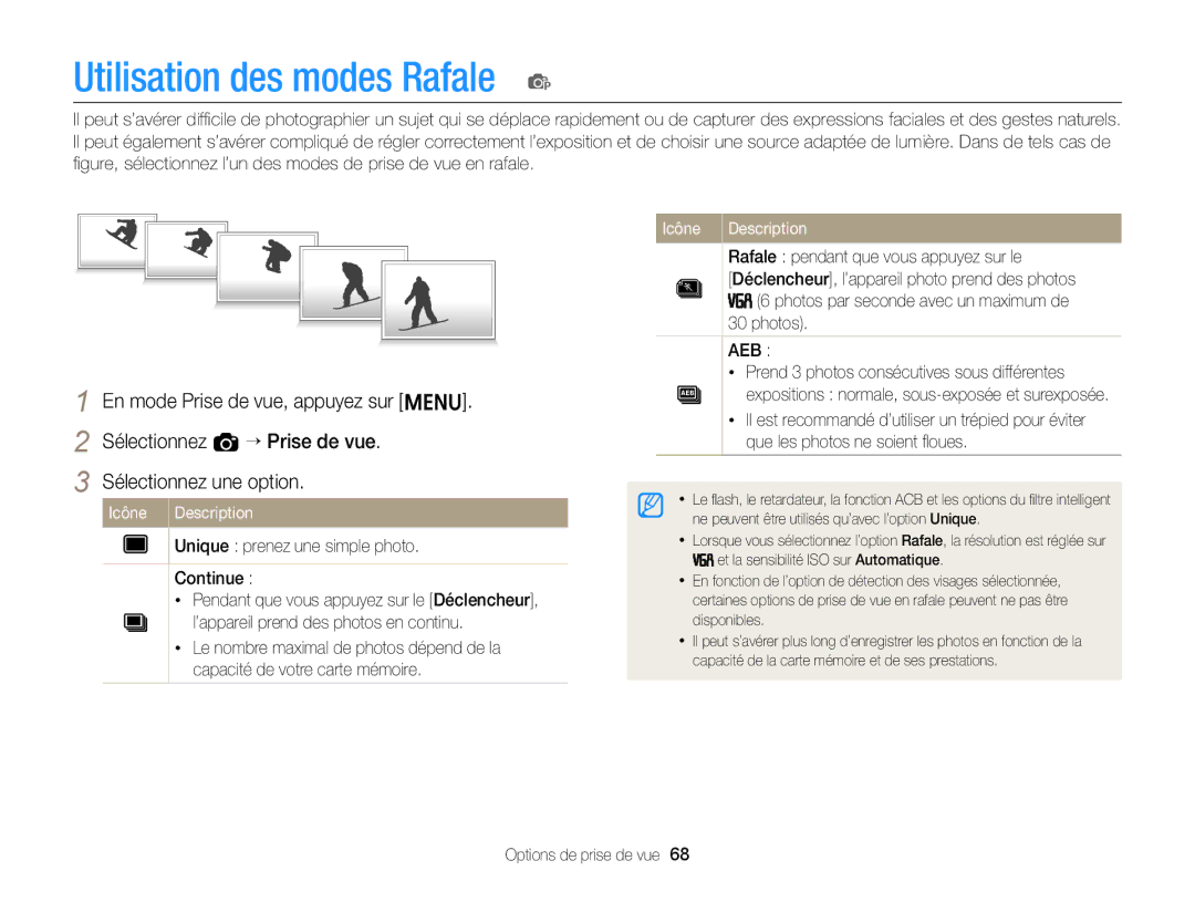 Samsung EC-ST77ZZFPRFR, EC-ST77ZZFPLFR manual Utilisation des modes Rafale p, Rafale pendant que vous appuyez sur le, Photos 