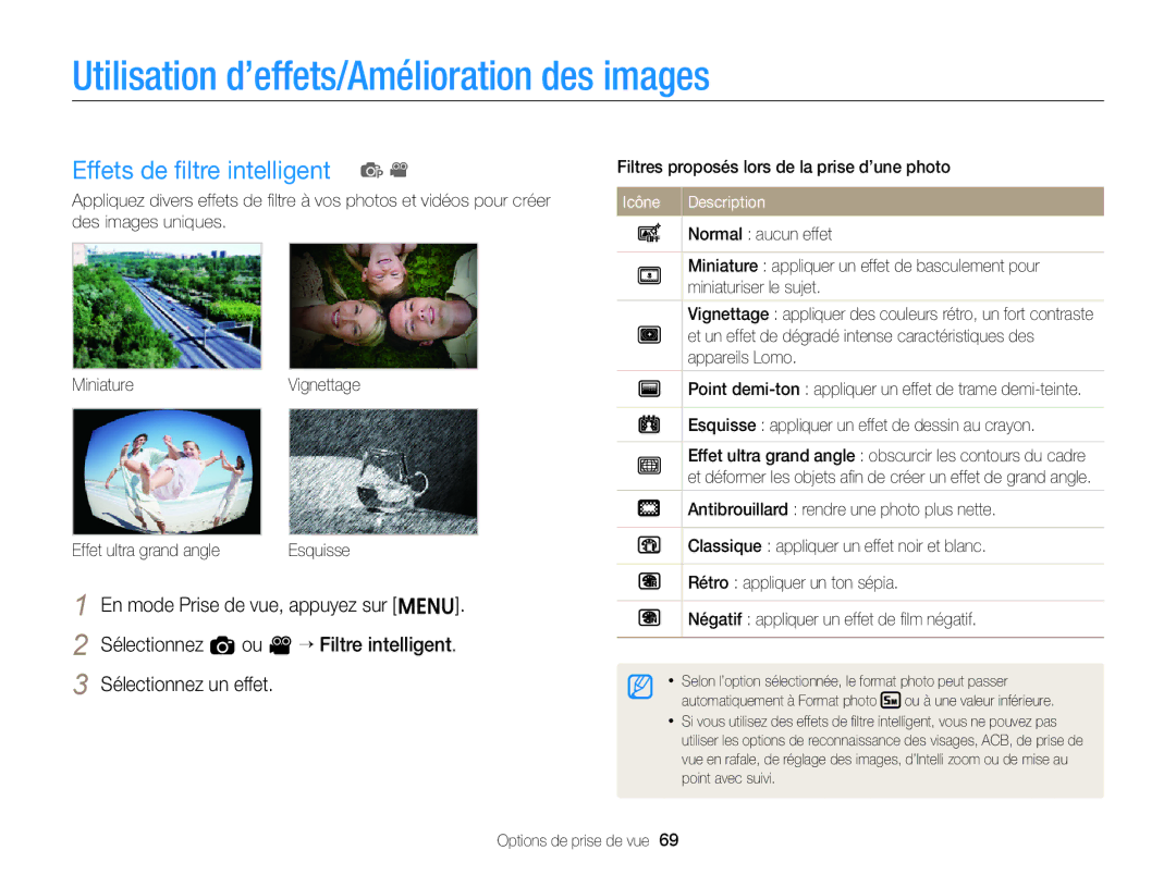 Samsung EC-ST77ZZFPLFR, EC-ST77ZZBPWE1 manual Utilisation d’effets/Amélioration des images, Effets de ﬁltre intelligent p 