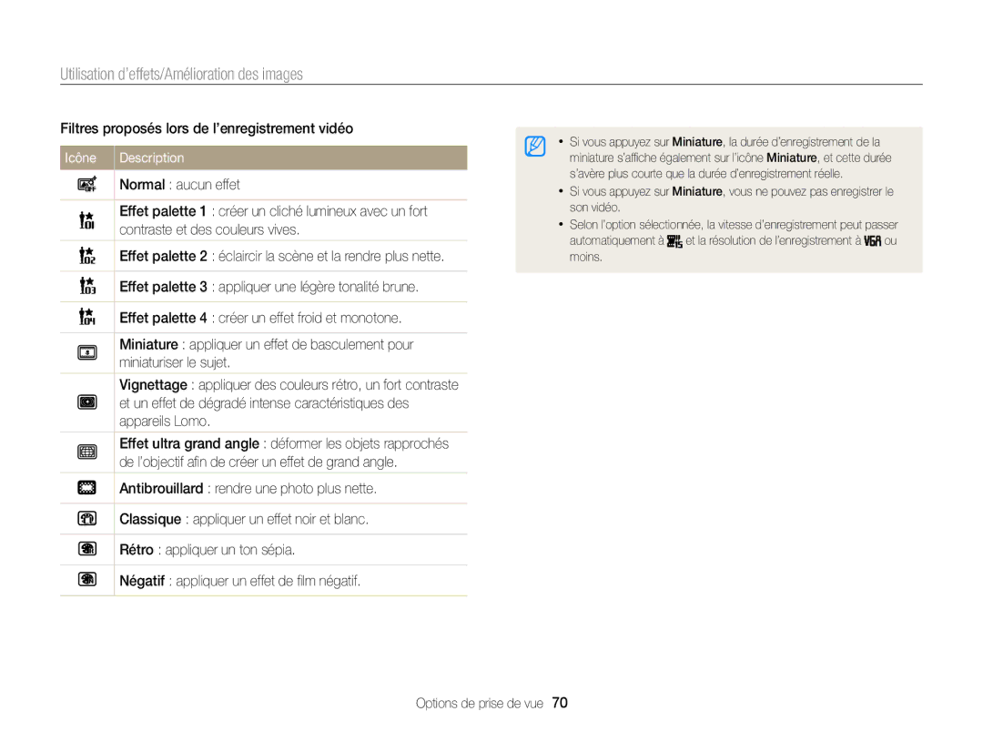 Samsung EC-ST77ZZBPWE1 manual Utilisation d’effets/Amélioration des images, Filtres proposés lors de l’enregistrement vidéo 