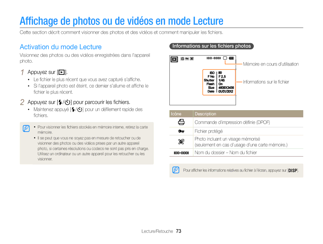 Samsung EC-ST77ZZFPBFR manual Afﬁchage de photos ou de vidéos en mode Lecture, Activation du mode Lecture, Appuyez sur P 