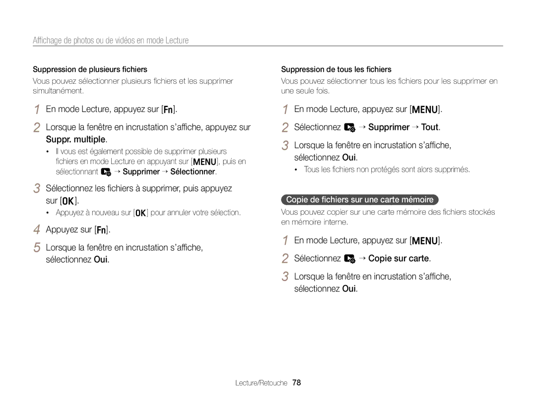 Samsung EC-ST77ZZBPLE1 Sélectionnez les ﬁchiers à supprimer, puis appuyez sur o, Copie de ﬁchiers sur une carte mémoire 