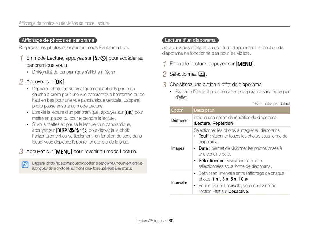 Samsung EC-ST76ZZBPLE1 manual Appuyez sur o, Appuyez sur m pour revenir au mode Lecture, Afﬁchage de photos en panorama 