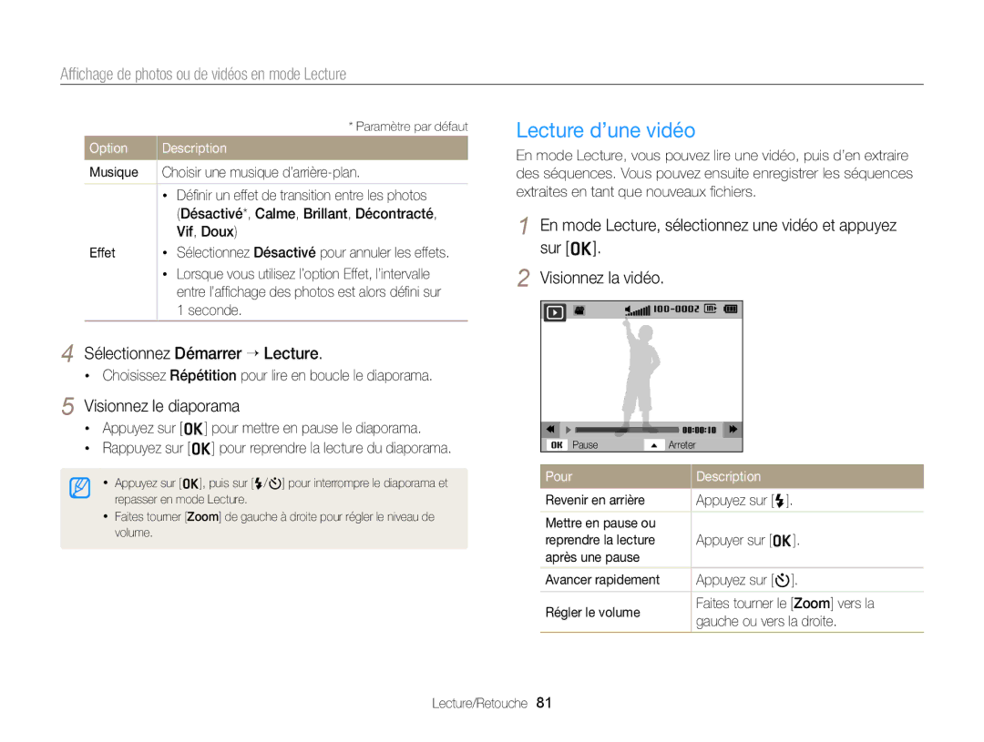 Samsung EC-ST76ZZFPBFR, EC-ST77ZZFPLFR manual Lecture d’une vidéo, Sélectionnez Démarrer “ Lecture, Visionnez le diaporama 