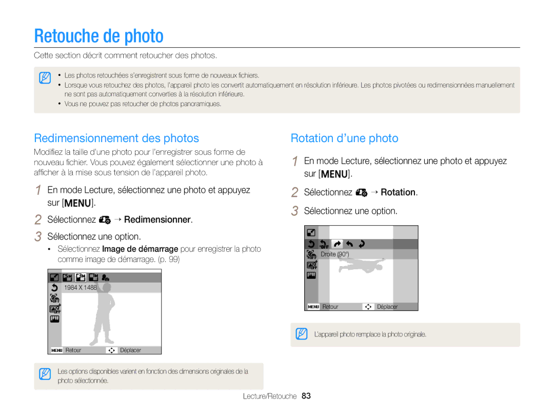 Samsung EC-ST77ZZFPLFR, EC-ST77ZZBPWE1 manual Retouche de photo, Redimensionnement des photos, Rotation d’une photo 