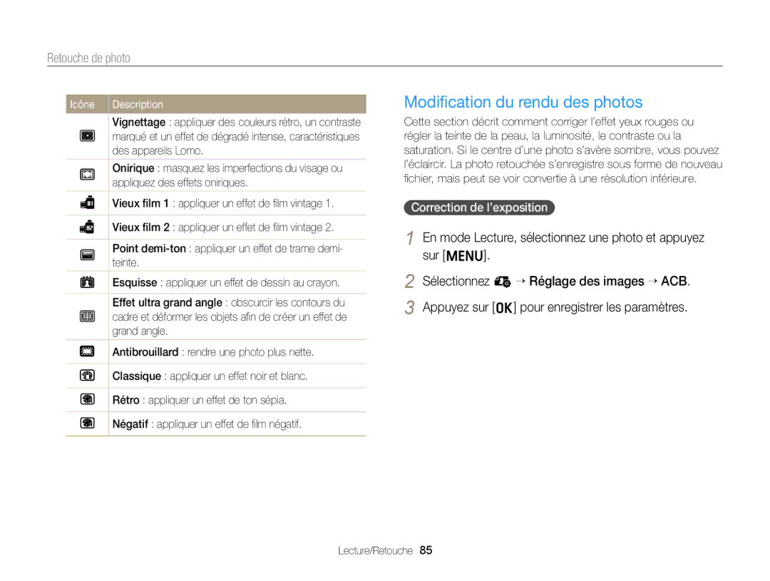 Samsung EC-ST77ZZBPRE1 manual Modiﬁcation du rendu des photos, En mode Lecture, sélectionnez une photo et appuyez sur m 