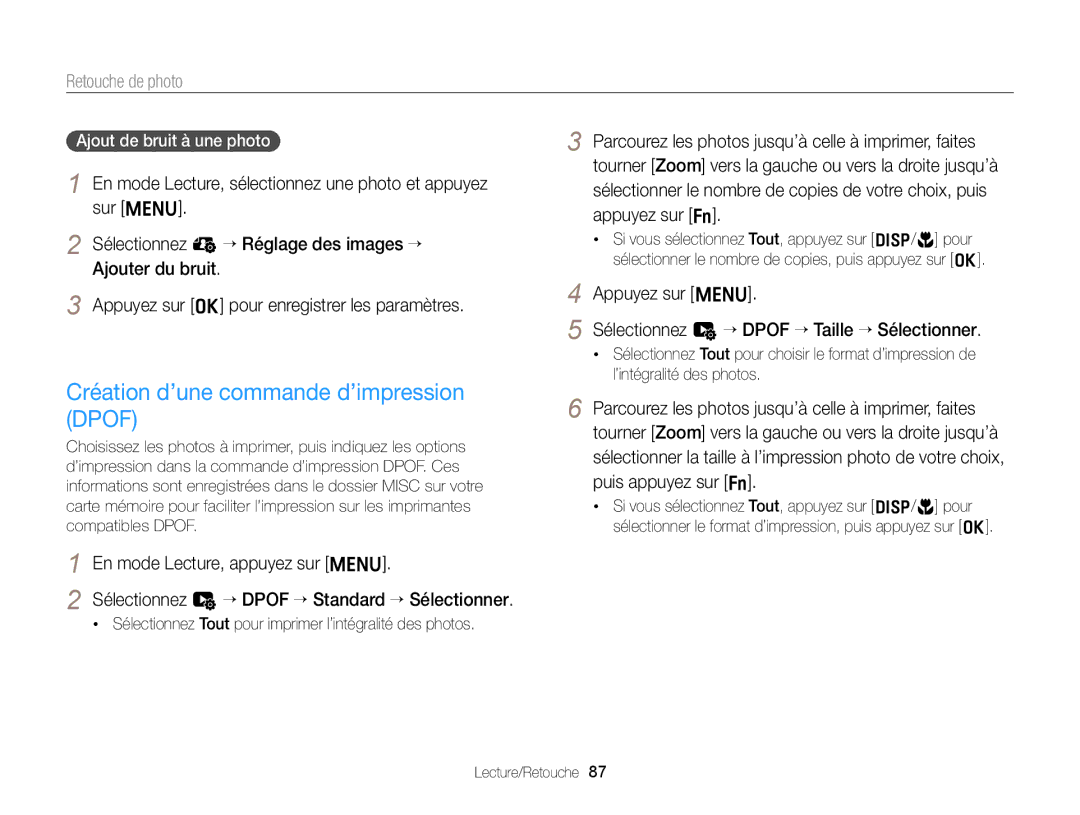 Samsung EC-ST77ZZFPBFR, EC-ST77ZZFPLFR manual Création d’une commande d’impression Dpof, Ajout de bruit à une photo 