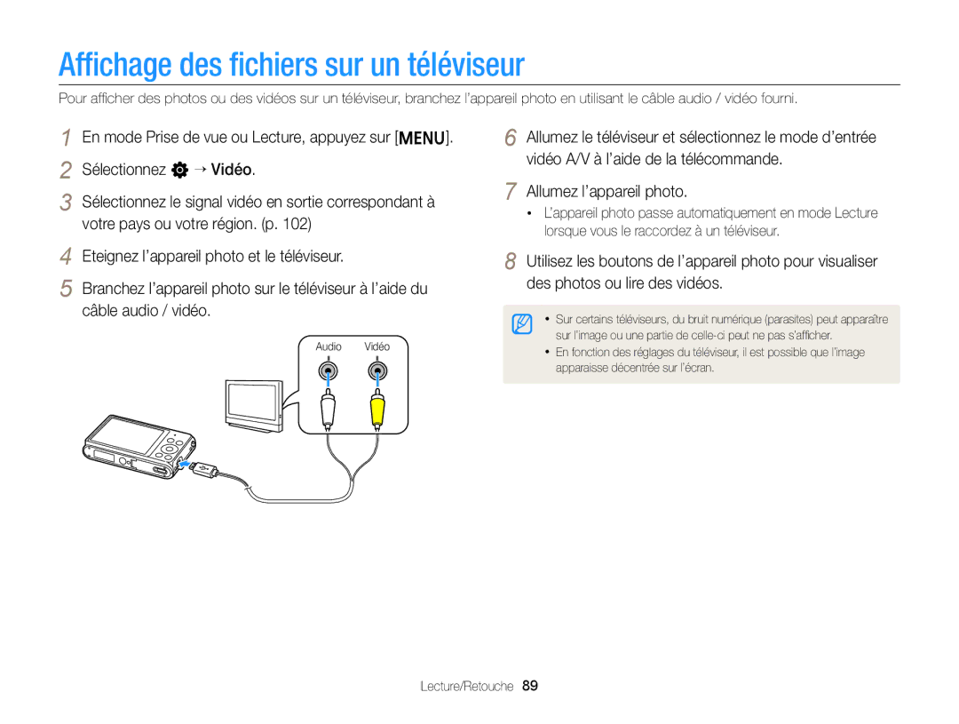 Samsung EC-ST77ZZFPWFR, EC-ST77ZZFPLFR, EC-ST77ZZBPWE1, EC-ST77ZZBPRE1, EC-ST76ZZBPBE1 Afﬁchage des ﬁchiers sur un téléviseur 