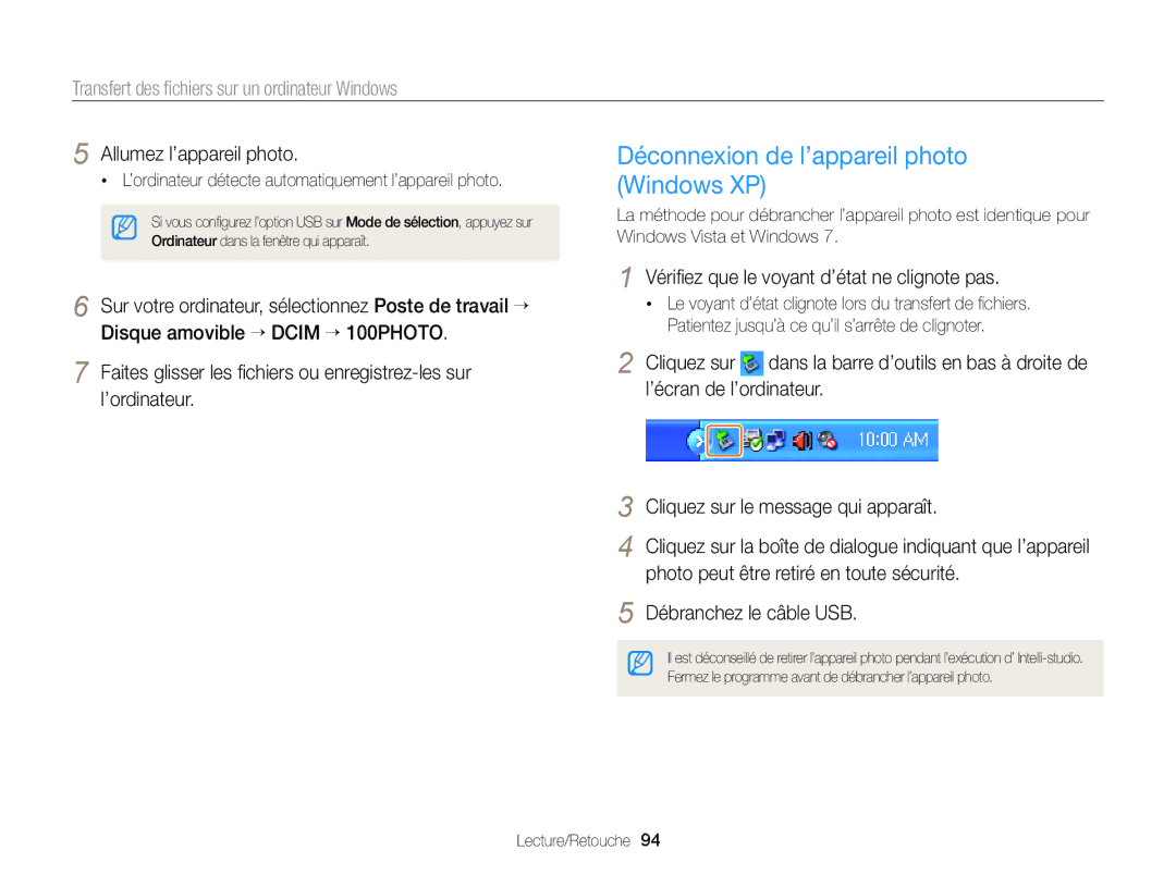 Samsung EC-ST76ZZBPLE1, EC-ST77ZZFPLFR, EC-ST77ZZBPWE1, EC-ST77ZZBPRE1 manual Déconnexion de l’appareil photo Windows XP 