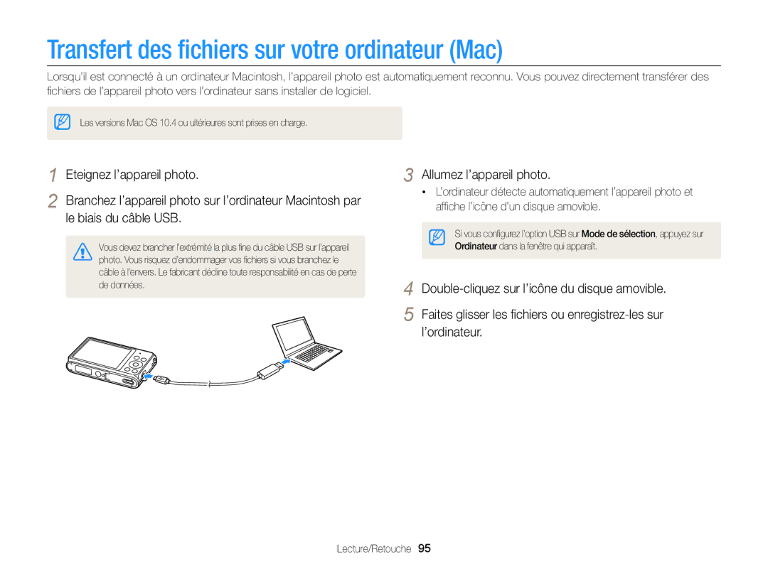 Samsung EC-ST76ZZFPBFR, EC-ST77ZZFPLFR, EC-ST77ZZBPWE1, EC-ST77ZZBPRE1 manual Transfert des ﬁchiers sur votre ordinateur Mac 