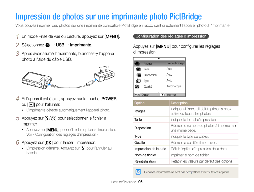 Samsung EC-ST77ZZFPRFR Impression de photos sur une imprimante photo PictBridge, Appuyez sur o pour lancer l’impression 