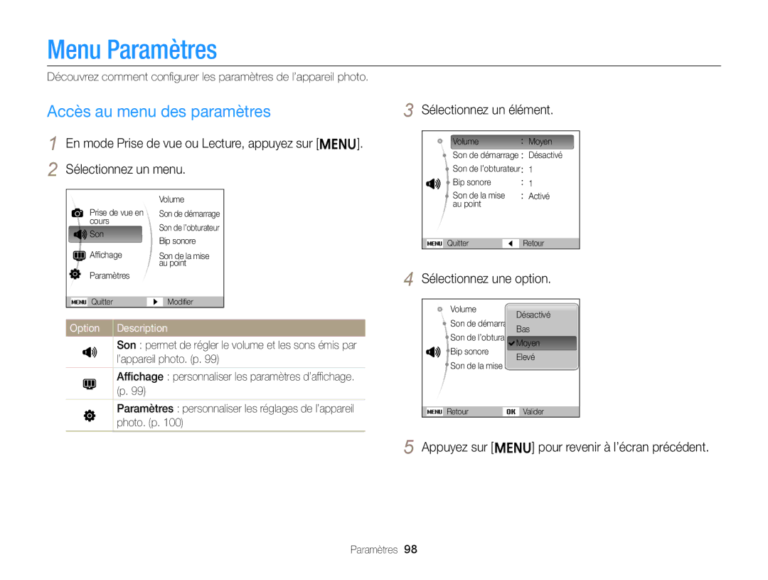 Samsung EC-ST77ZZBPWE1 manual Sélectionnez un élément, Appuyez sur m pour revenir à l’écran précédent, Option, Paramètres 