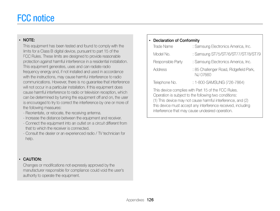 Samsung EC-ST77ZZFPWE2, EC-ST77ZZFPLFR manual FCC notice, Model No, Responsible Party, Address, Telephone No Samsung 