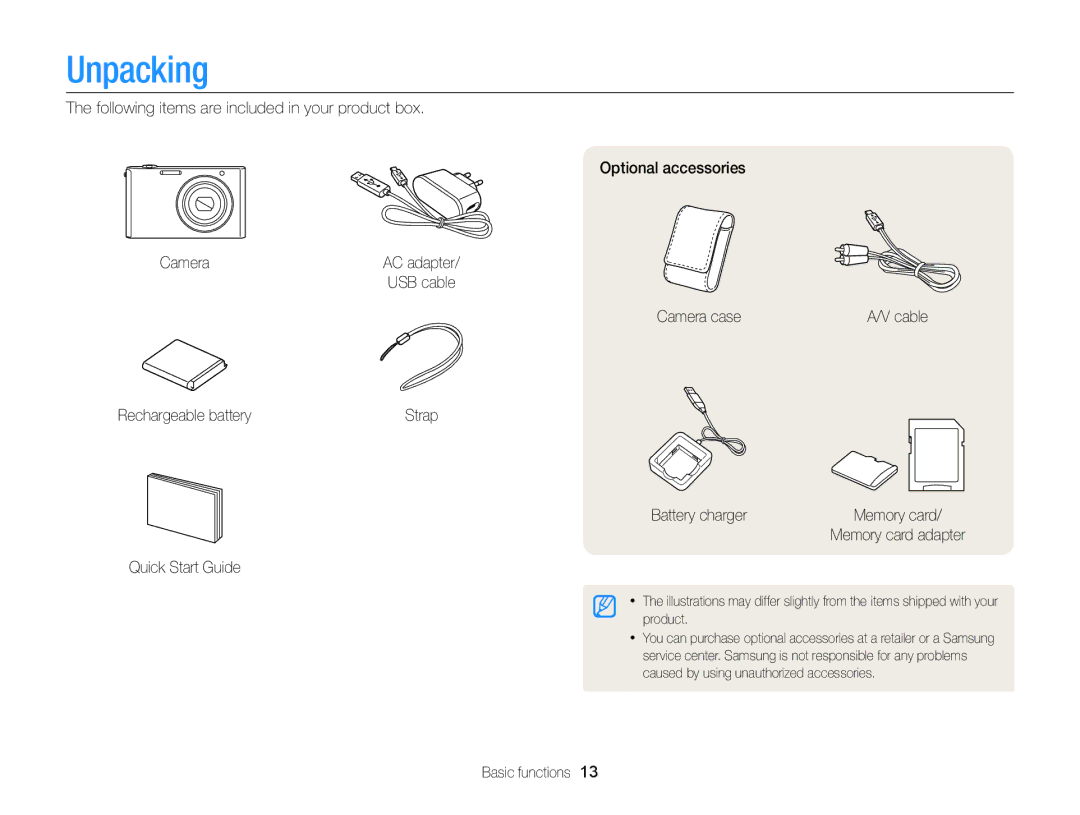 Samsung EC-ST77ZZHDSME, EC-ST77ZZFPLFR, EC-ST77ZZBPWE1, EC-ST77ZZBPRE1, EC-ST76ZZBPBE1, EC-ST77ZZFPBFR manual Unpacking 