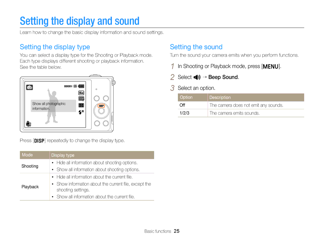 Samsung EC-ST79ZZFPBE1 manual Setting the display and sound, Setting the display type, Setting the sound, Mode Display type 