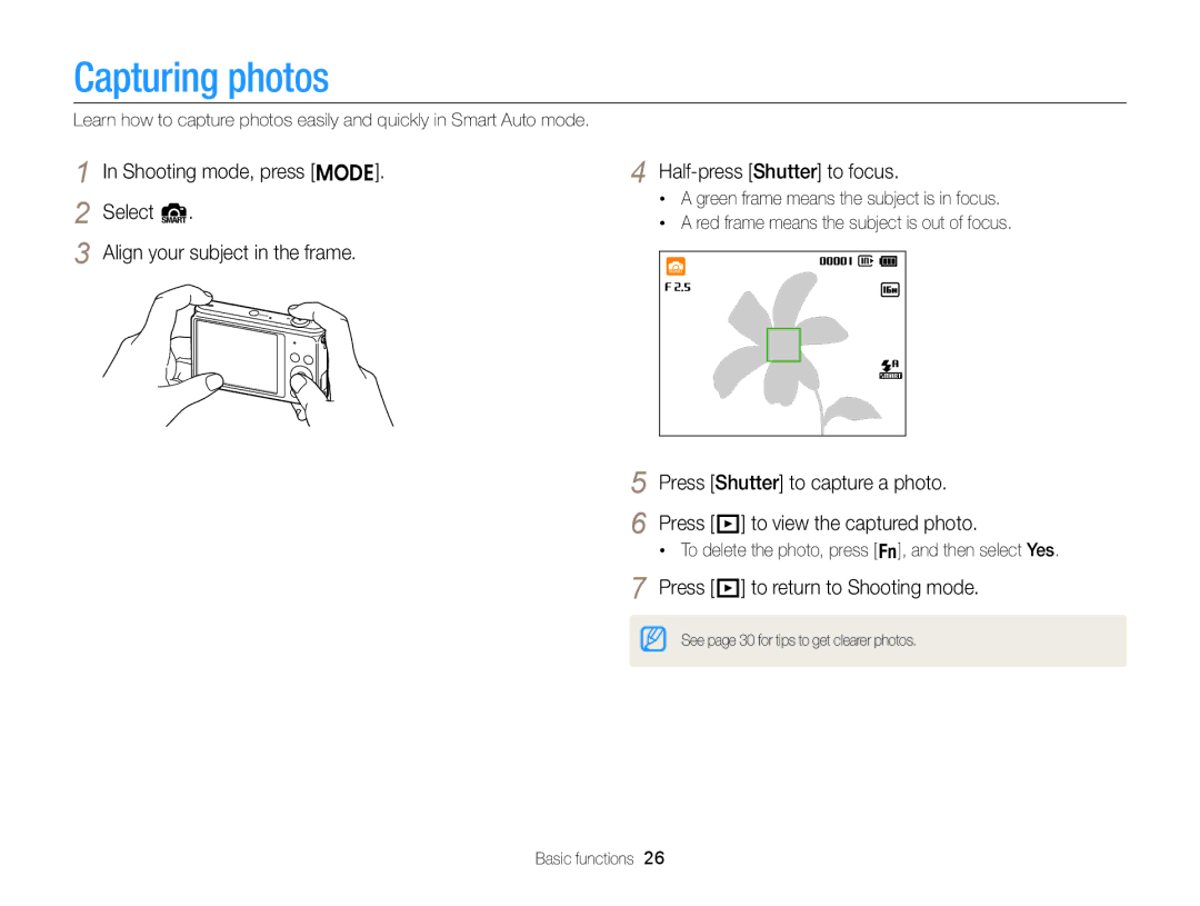 Samsung EC-ST79ZZBPBE1, EC-ST77ZZFPLFR manual Capturing photos, Shooting mode, press M Select S Half-press Shutter to focus 