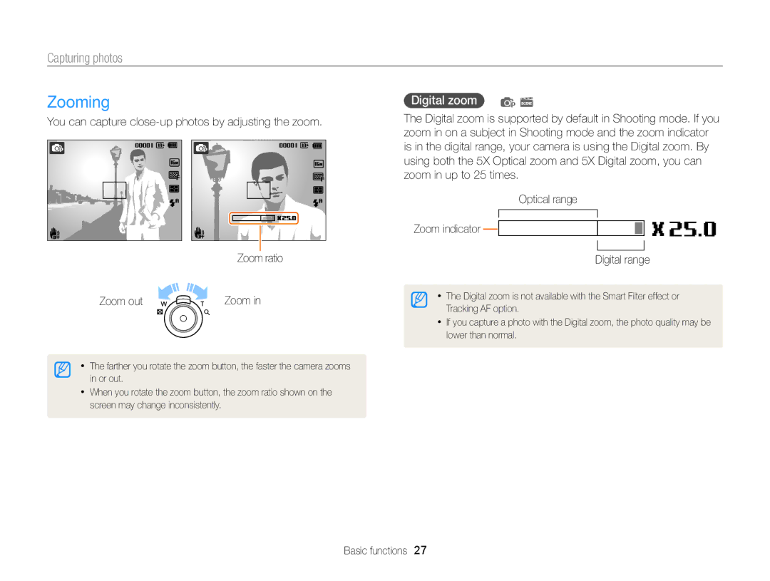 Samsung EC-ST77ZZBPSIL, EC-ST77ZZFPLFR, EC-ST77ZZBPWE1, EC-ST77ZZBPRE1 manual Zooming, Capturing photos, Digital zoom p s 