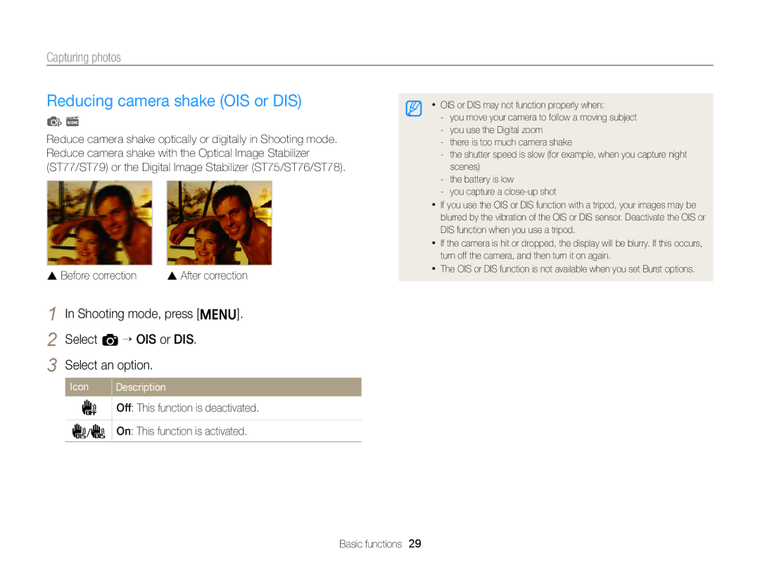 Samsung EC-ST77ZZBPRIL manual Reducing camera shake OIS or DIS, Before correction, Off This function is deactivated 