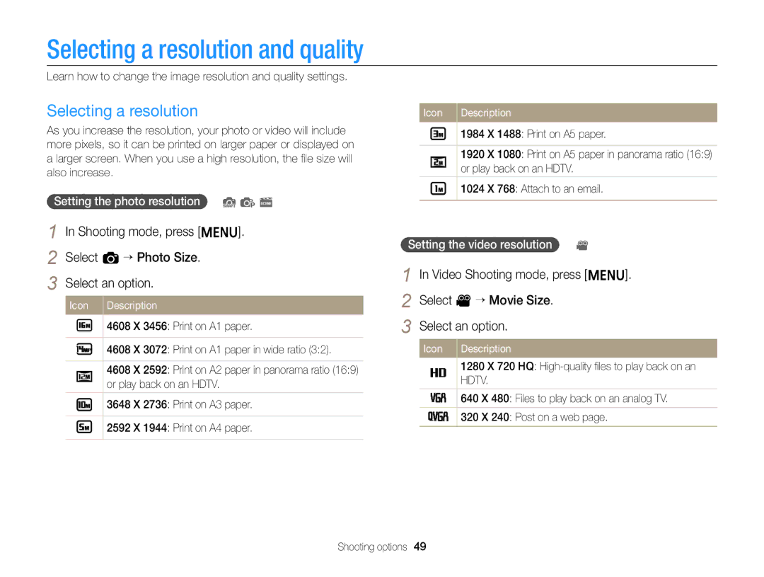 Samsung EC-ST76ZZBPBIL, EC-ST77ZZFPLFR manual Selecting a resolution and quality, Setting the photo resolution S p s 