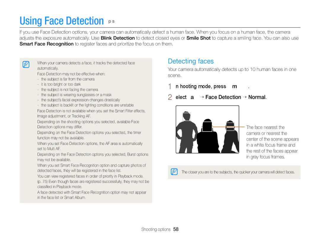 Samsung EC-ST77ZZDPBME, EC-ST77ZZFPLFR, EC-ST77ZZBPWE1, EC-ST77ZZBPRE1 manual Using Face Detection p s, Detecting faces 