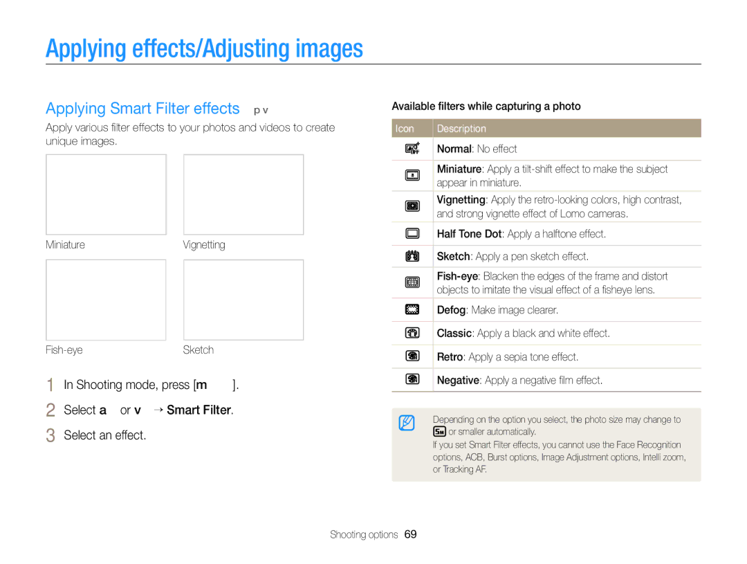 Samsung EC-ST76ZZBPSRU, EC-ST77ZZFPLFR, EC-ST77ZZBPWE1 Applying effects/Adjusting images, Applying Smart Filter effects p 