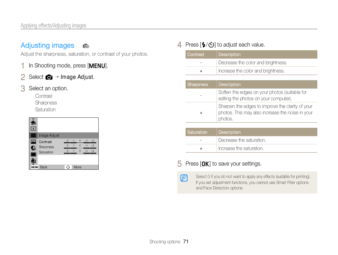 Samsung EC-ST76ZZHDSZA, EC-ST77ZZFPLFR manual Press F/t to adjust each value, Contrast, Sharpness Description, Saturation 