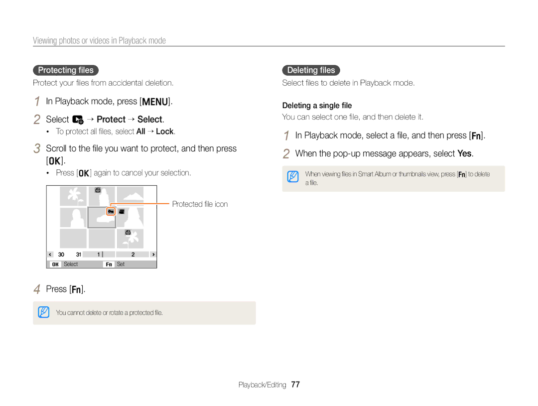 Samsung EC-ST76ZZDPLIR, EC-ST77ZZFPLFR Playback mode, press m Select u “ Protect “ Select, Protecting ﬁles, Deleting ﬁles 