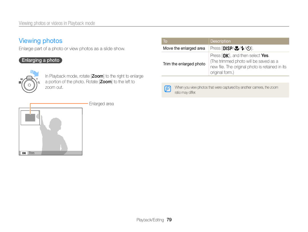 Samsung EC-ST77ZZHPRME manual Viewing photos, Enlarging a photo, Enlarge part of a photo or view photos as a slide show 