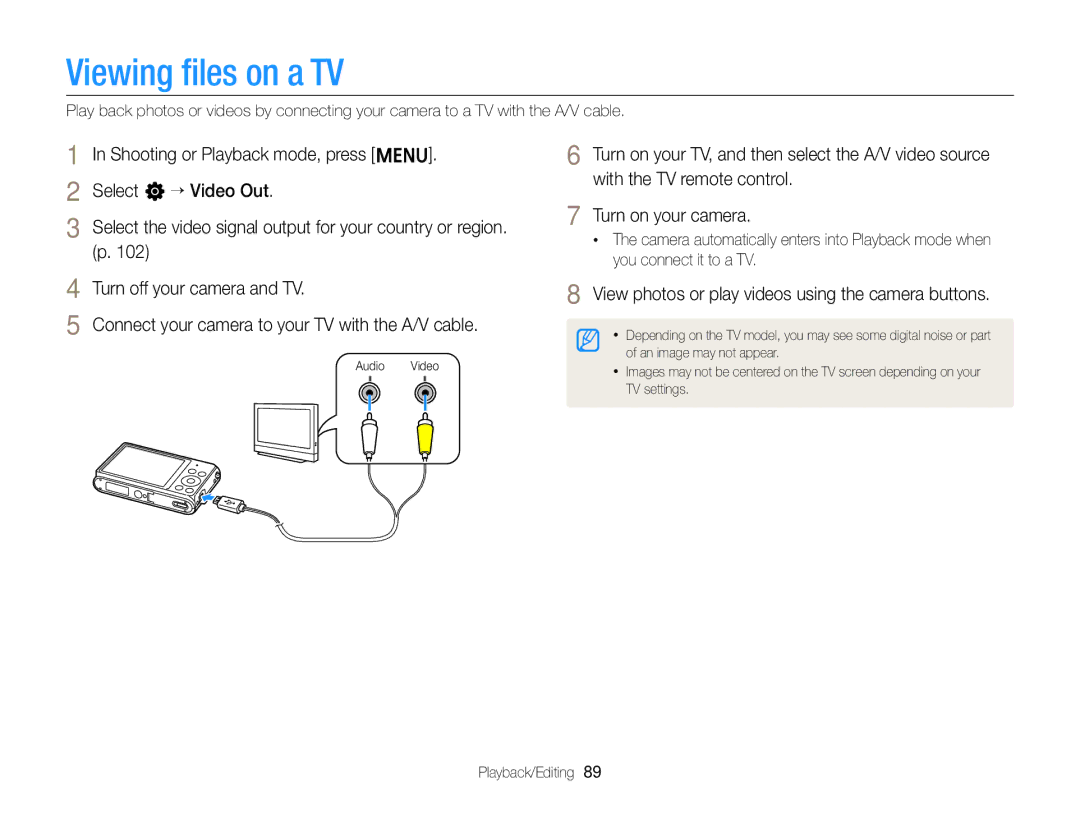 Samsung EC-ST76ZZDPLME, EC-ST77ZZFPLFR manual Viewing ﬁles on a TV, View photos or play videos using the camera buttons 