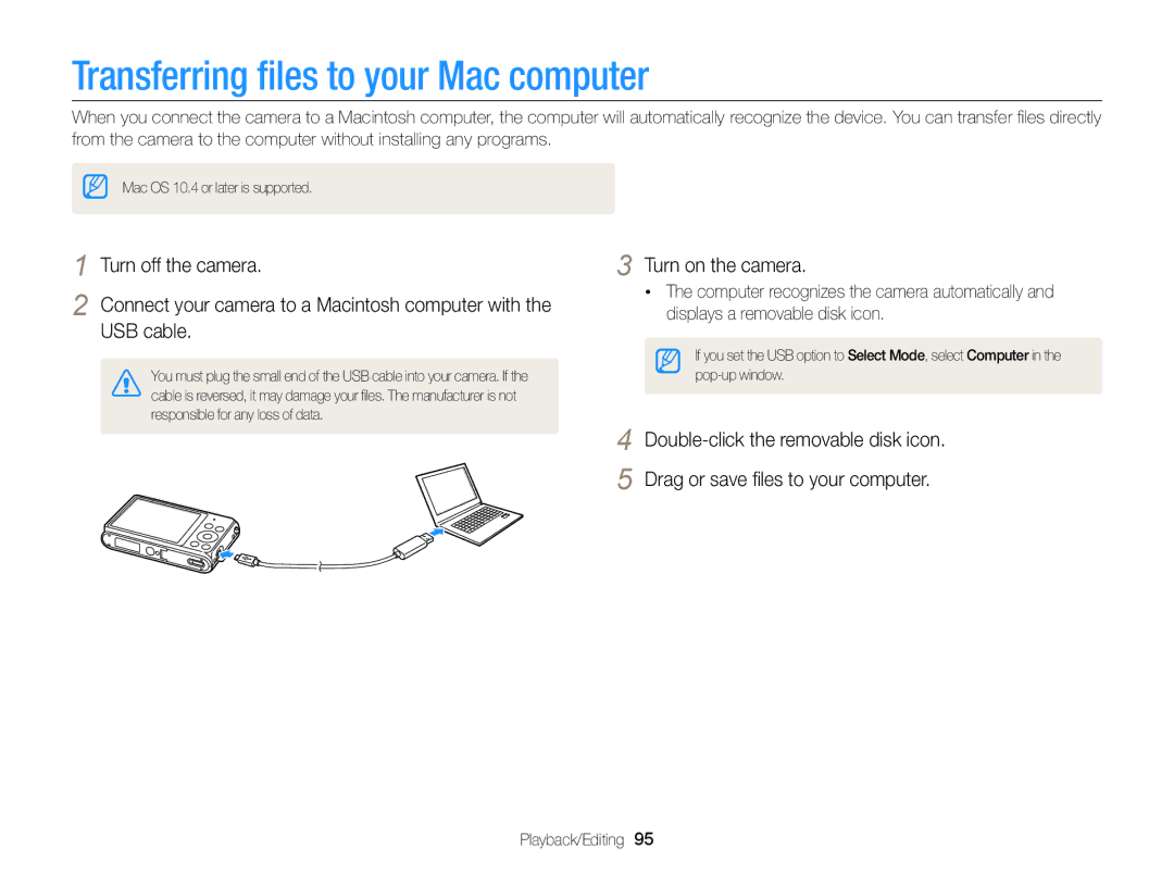 Samsung EC-ST77ZZFDRVN, EC-ST77ZZFPLFR, EC-ST77ZZBPWE1, EC-ST77ZZBPRE1, EC-ST76ZZBPBE1 Transferring ﬁles to your Mac computer 