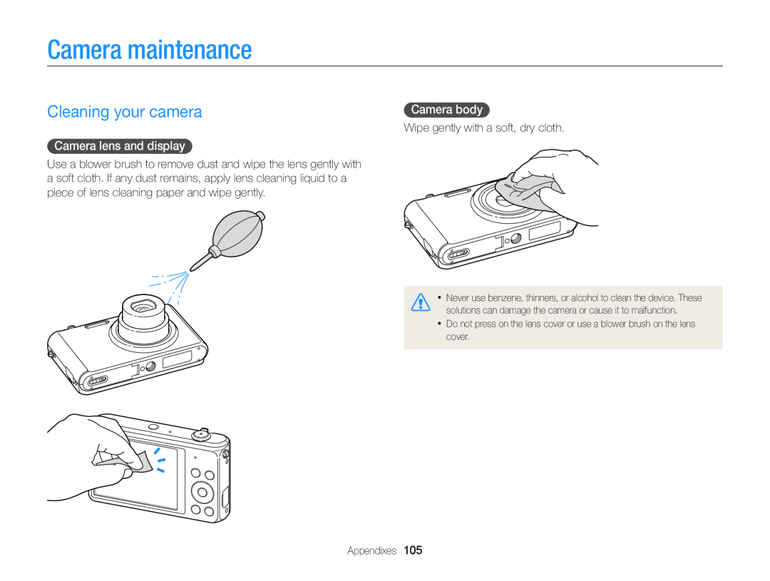 Samsung EC-ST77ZZFPWE3, EC-ST77ZZFPLFR manual Camera maintenance, Cleaning your camera, Camera lens and display, Camera body 