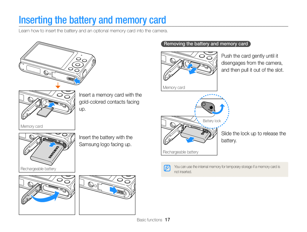 Samsung EC-ST77ZZFPBE1, EC-ST77ZZFPLFR Inserting the battery and memory card, Slide the lock up to release the battery 