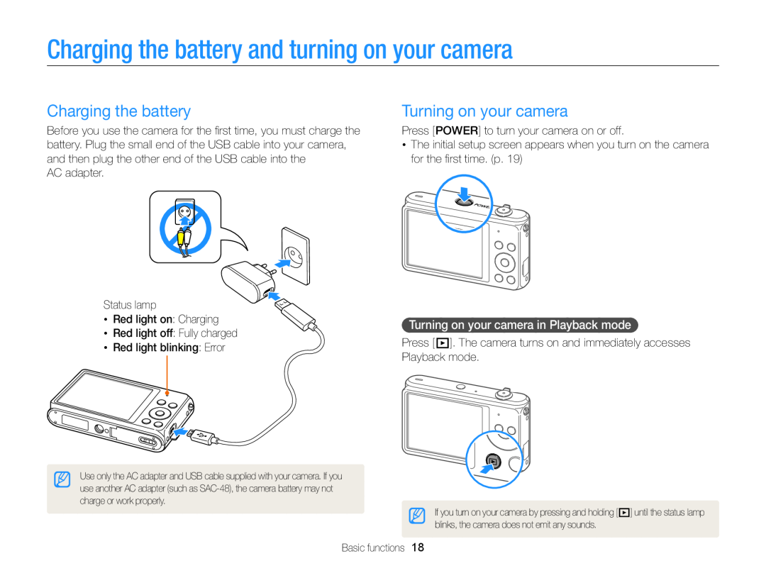 Samsung EC-ST77ZZFPLE1, EC-ST77ZZFPLFR manual Charging the battery and turning on your camera, Turning on your camera 