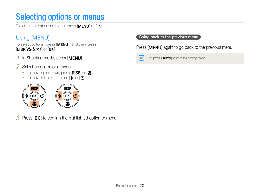Samsung EC-ST77ZZHDBME Selecting options or menus, Using MENU, In Shooting mode, press m 2 Select an option or a menu 