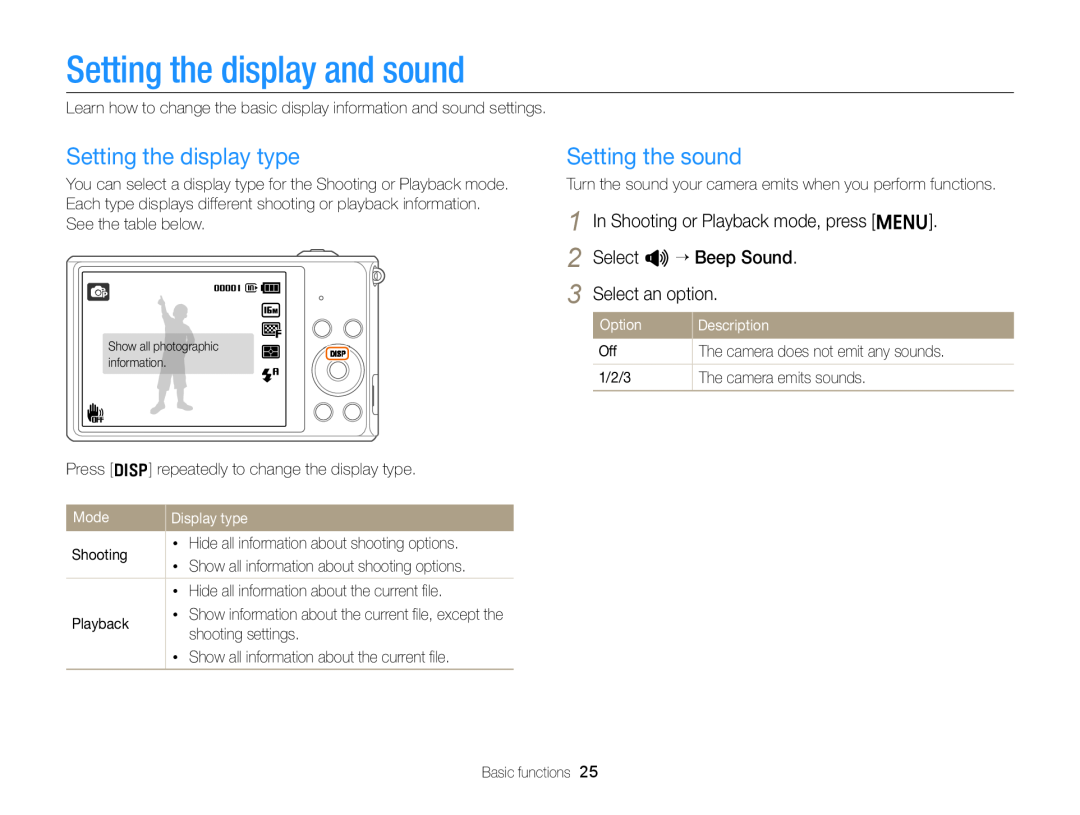 Samsung EC-ST79ZZFPBE1 Setting the display and sound, Setting the display type, Setting the sound, Select an option, Mode 