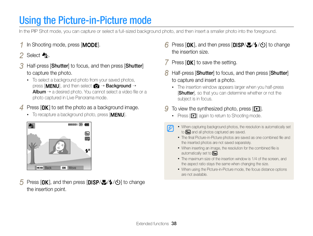 Samsung EC-ST77ZZFPWE1, EC-ST77ZZFPLFR manual Using the Picture-in-Picture mode, In Shooting mode, press M 2 Select d 