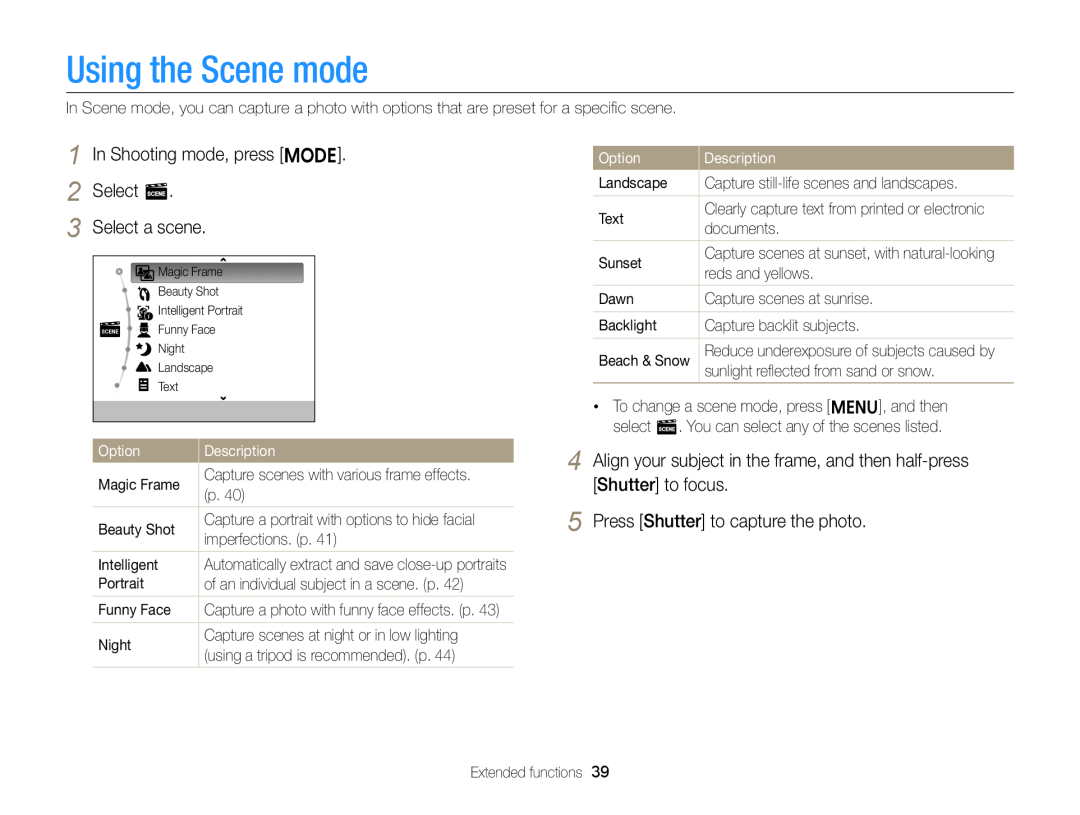 Samsung EC-ST76ZZFPRE1 Using the Scene mode, In Shooting mode, press M 2 Select s 3 Select a scene, Option, Description 