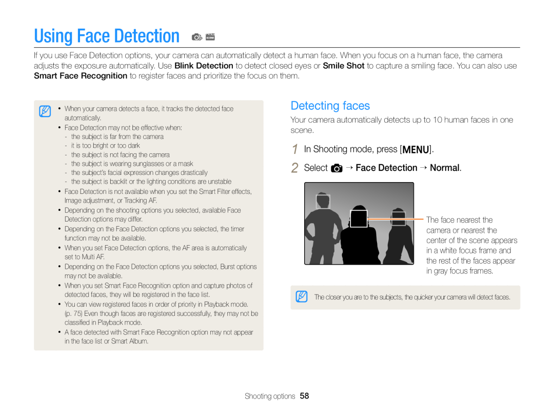 Samsung EC-ST77ZZDPBME, EC-ST77ZZFPLFR, EC-ST77ZZBPWE1, EC-ST77ZZBPRE1 manual Using Face Detection p s, Detecting faces 