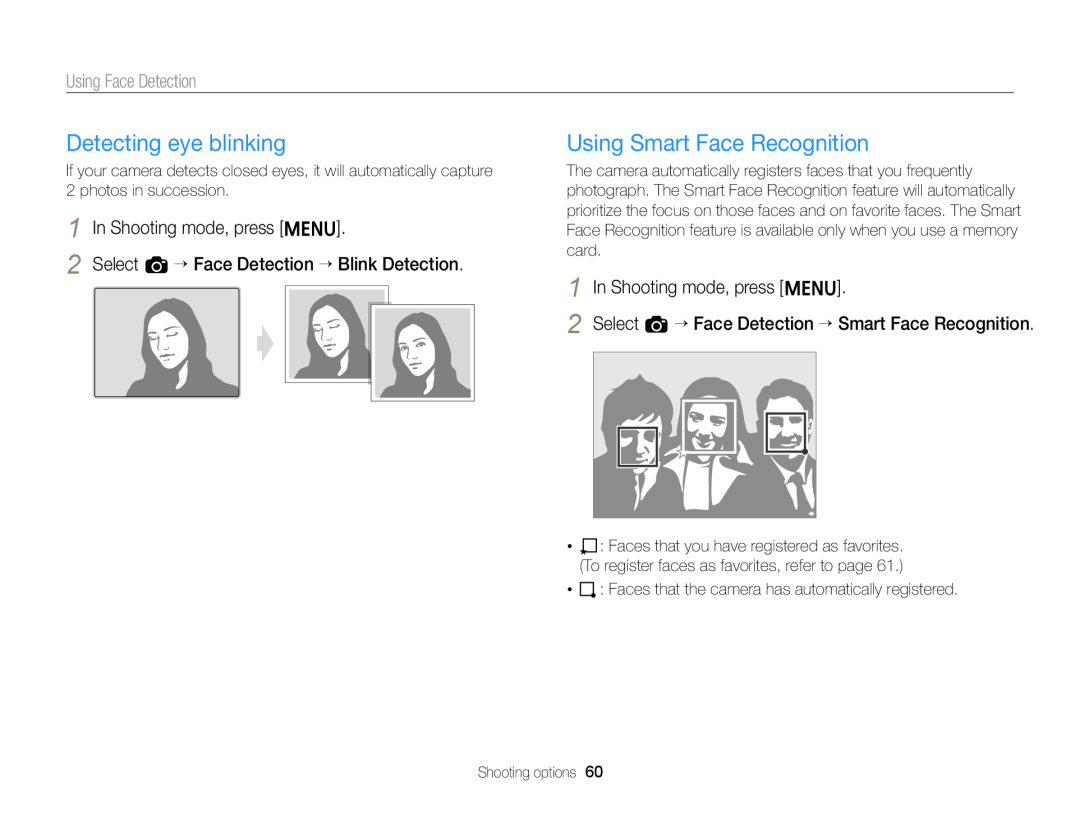 Samsung EC-ST76ZZDPRIR Detecting eye blinking, Using Smart Face Recognition, Select a “ Face Detection “ Blink Detection 