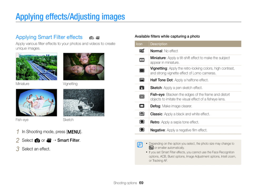 Samsung EC-ST76ZZBPSRU manual Applying effects/Adjusting images, Applying Smart Filter effects p, Select an effect, Icon 