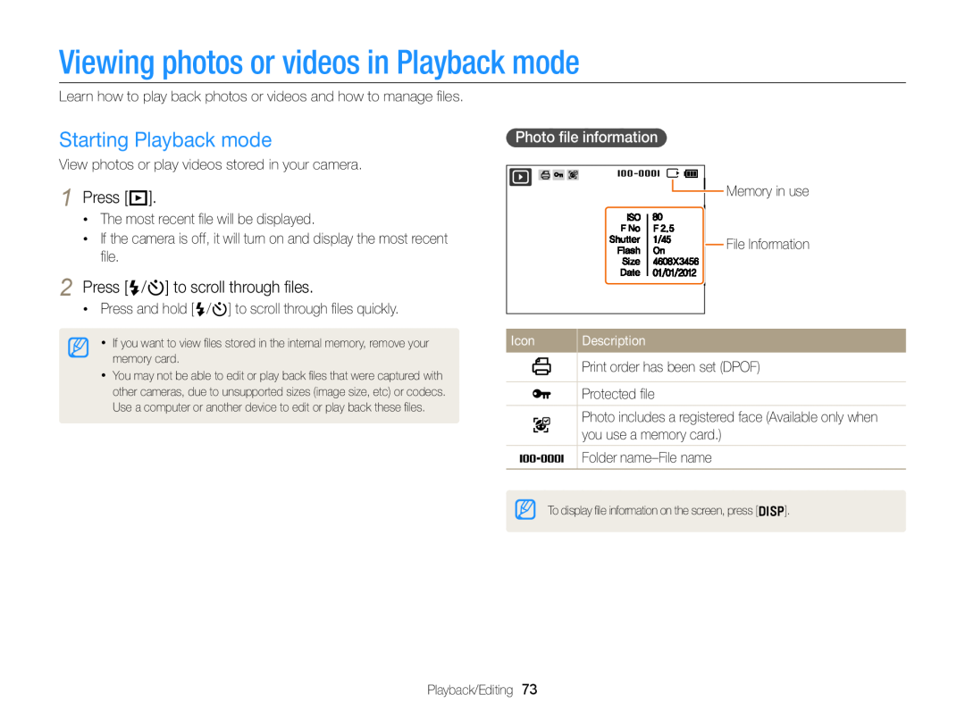 Samsung EC-ST77ZZFDRAE Viewing photos or videos in Playback mode, Starting Playback mode, Press P, Photo ﬁle information 