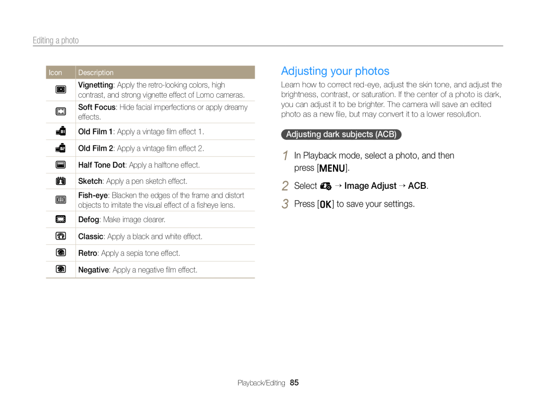 Samsung EC-ST77ZZBDSAE manual Adjusting your photos, Select e “ Image Adjust “ ACB 3 Press o to save your settings, Icon 
