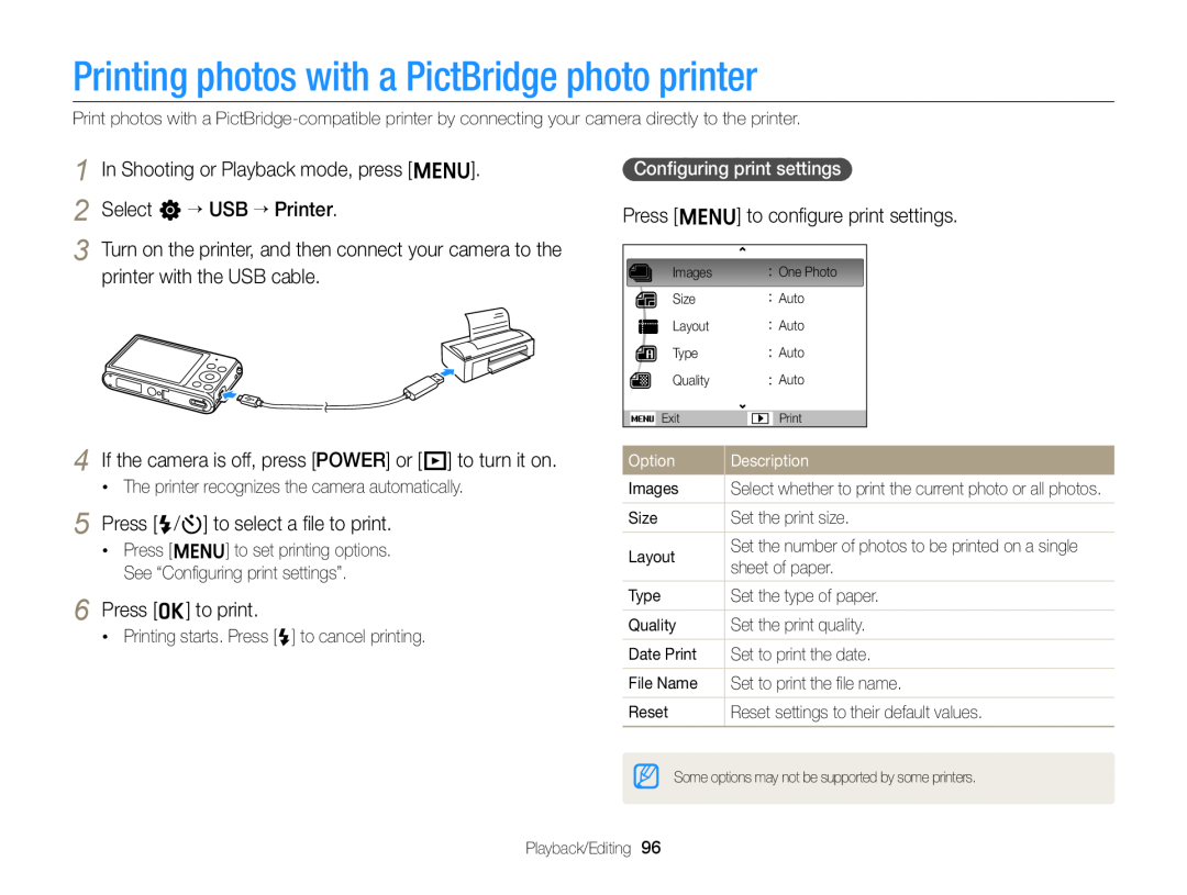 Samsung EC-ST77ZZFDBVN manual Printing photos with a PictBridge photo printer, Press F/t to select a ﬁle to print, Option 