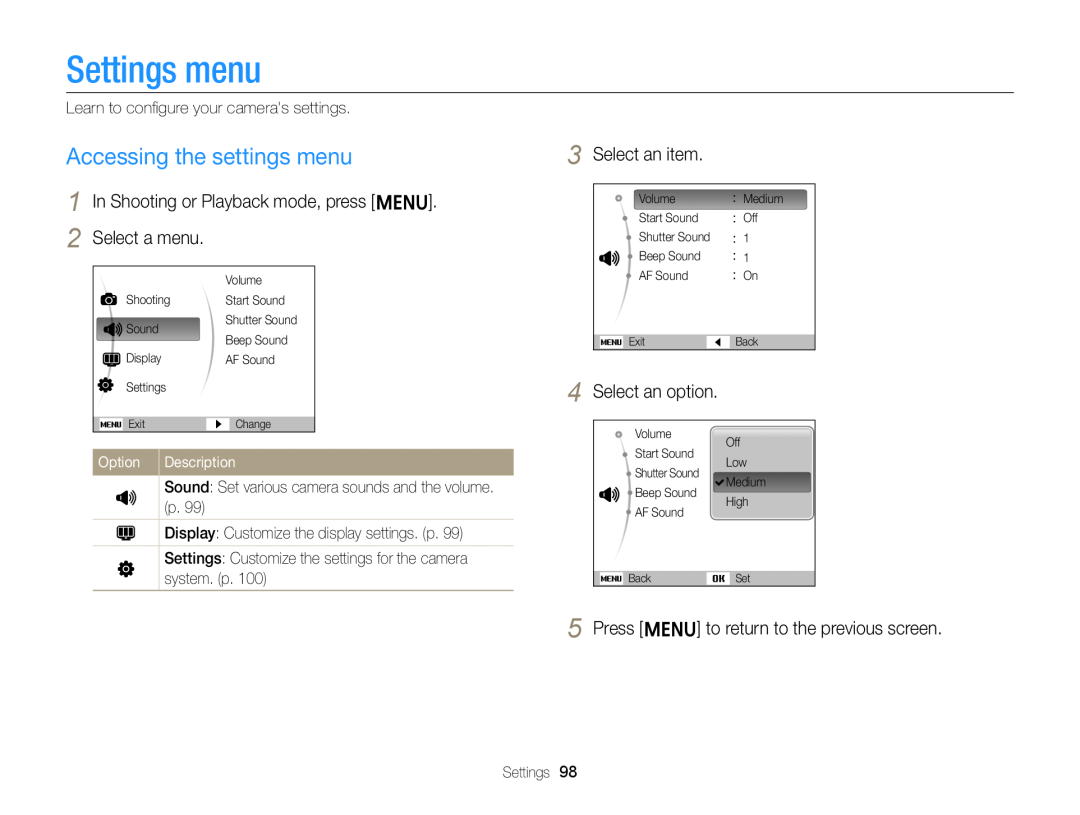 Samsung EC-ST77ZZBDSVN Settings menu, Accessing the settings menu, In Shooting or Playback mode, press m. 2 Select a menu 